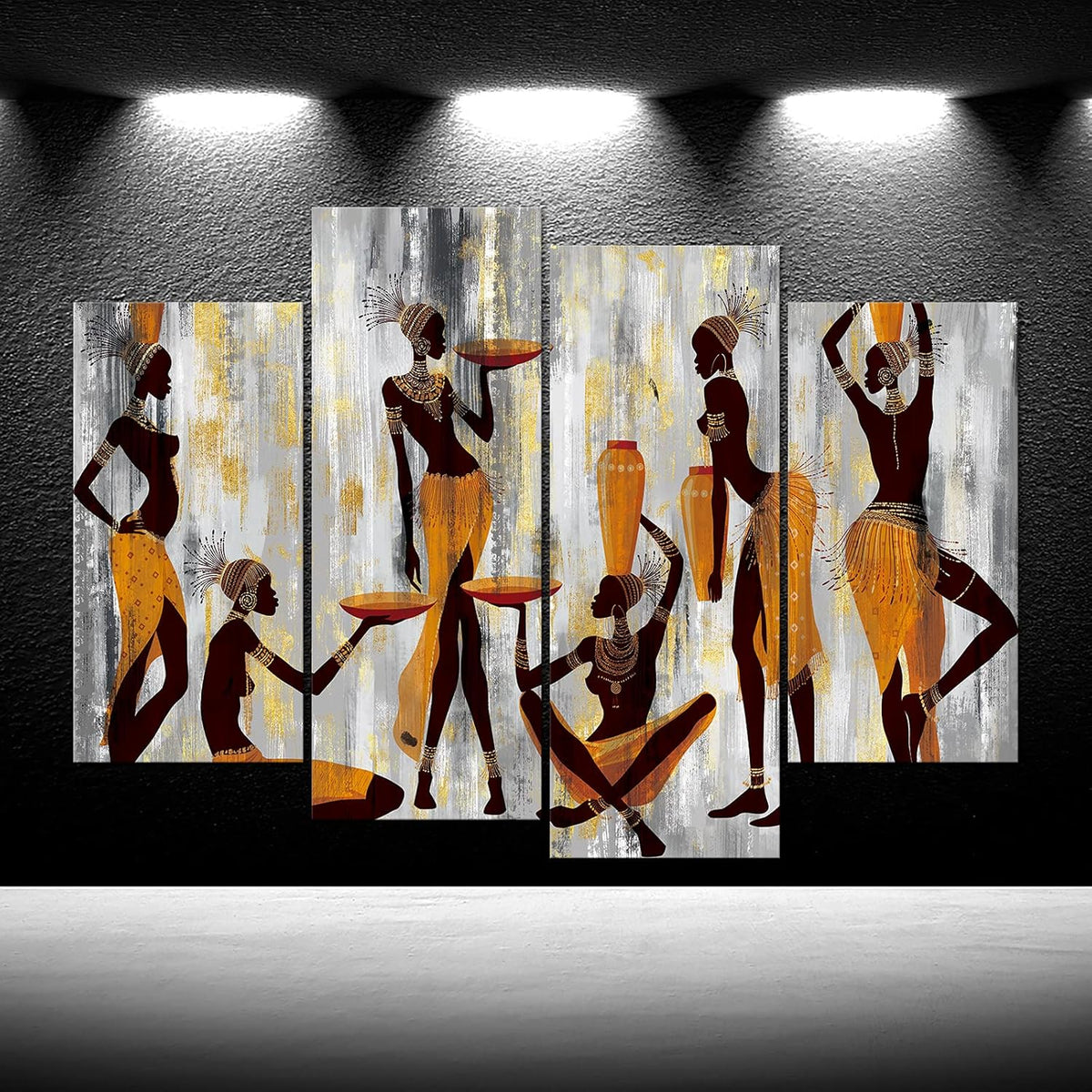 4 Pieces African Women Canvas Wall Art Abstract Yellow and Grey Poster Print 48x33inch R894679