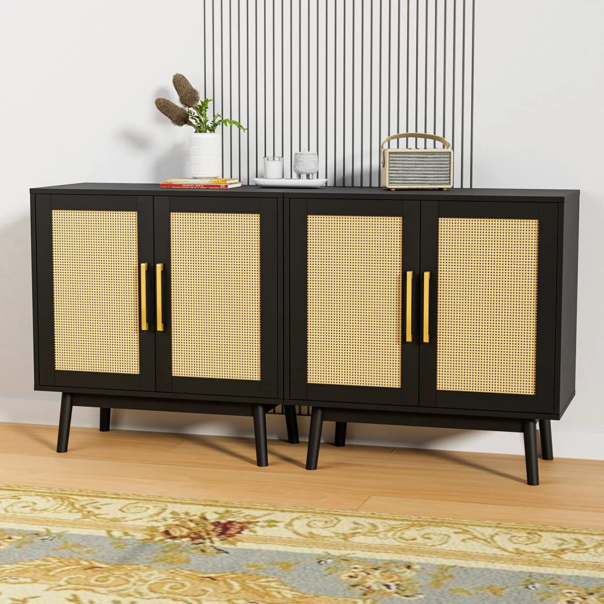 Black Rattan Storage Cabinet Set of 2 U791192