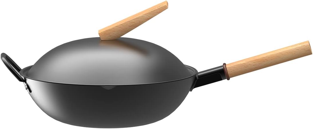 Carbon Steel Wok with Lid, 12 Inch, Wooden Handle, Pack of 2 Y21153