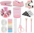 Pink Office Supplies Set with Stapler, Tape Dispenser, Pen Holder, 1000 Staples V34439
