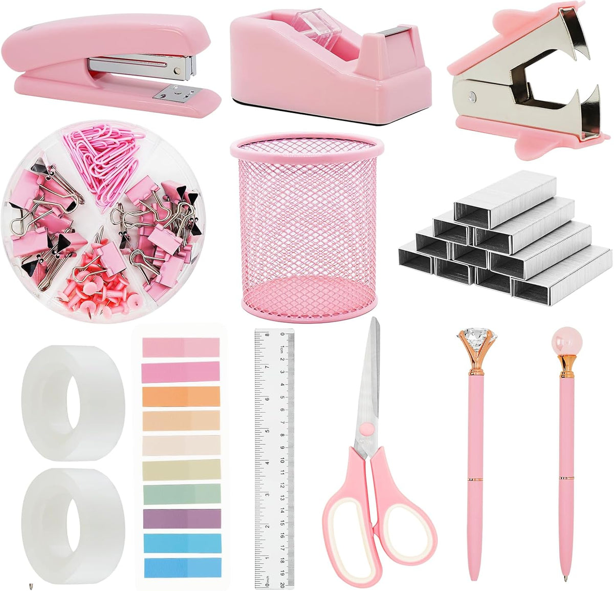 Pink Office Supplies Set with Stapler, Tape Dispenser, Pen Holder, 1000 Staples V34439