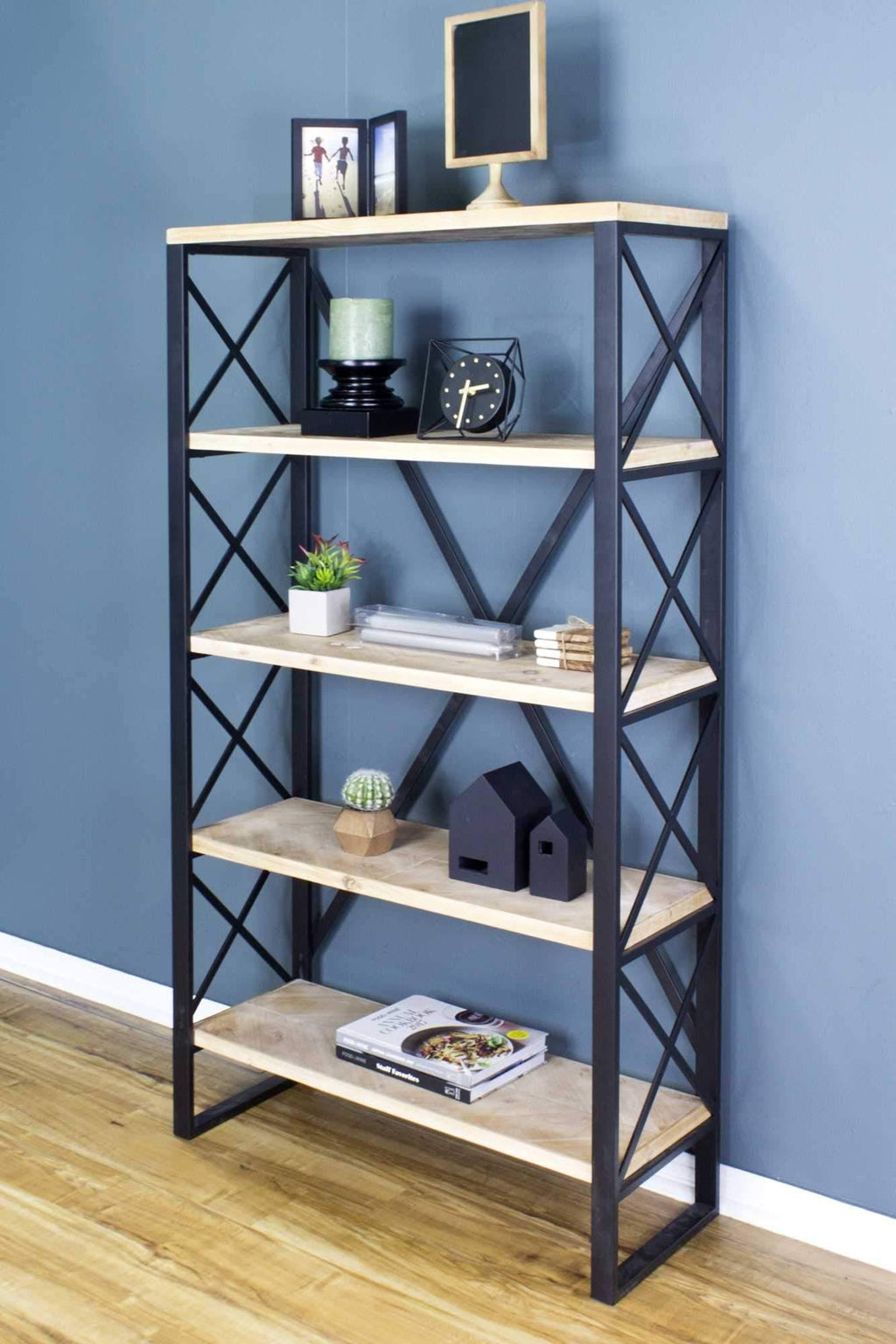 Natural and Orange Metal Wood Bookcase with 5 Shelves F4707