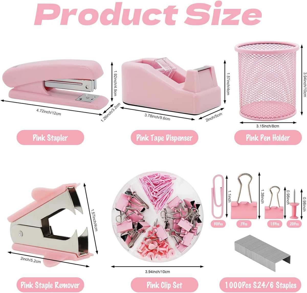 Pink Office Supplies Set with Stapler, Tape Dispenser, Pen Holder, 1000 Staples V34439
