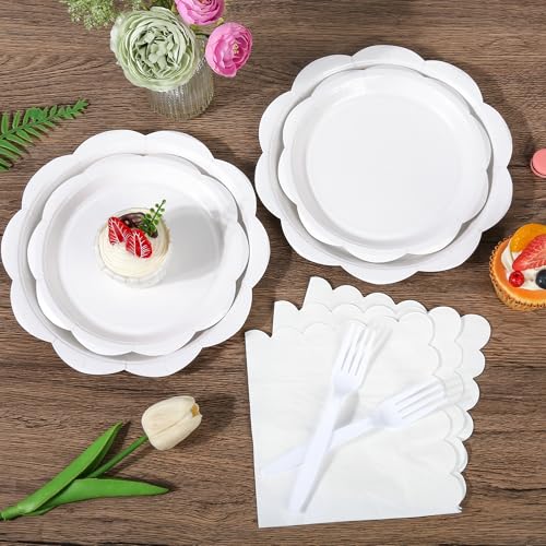 400 Pcs Ivory Paper Plates and Napkins Set Disposable Scalloped Plates Napkins Knives Forks Spoons Cups E95927