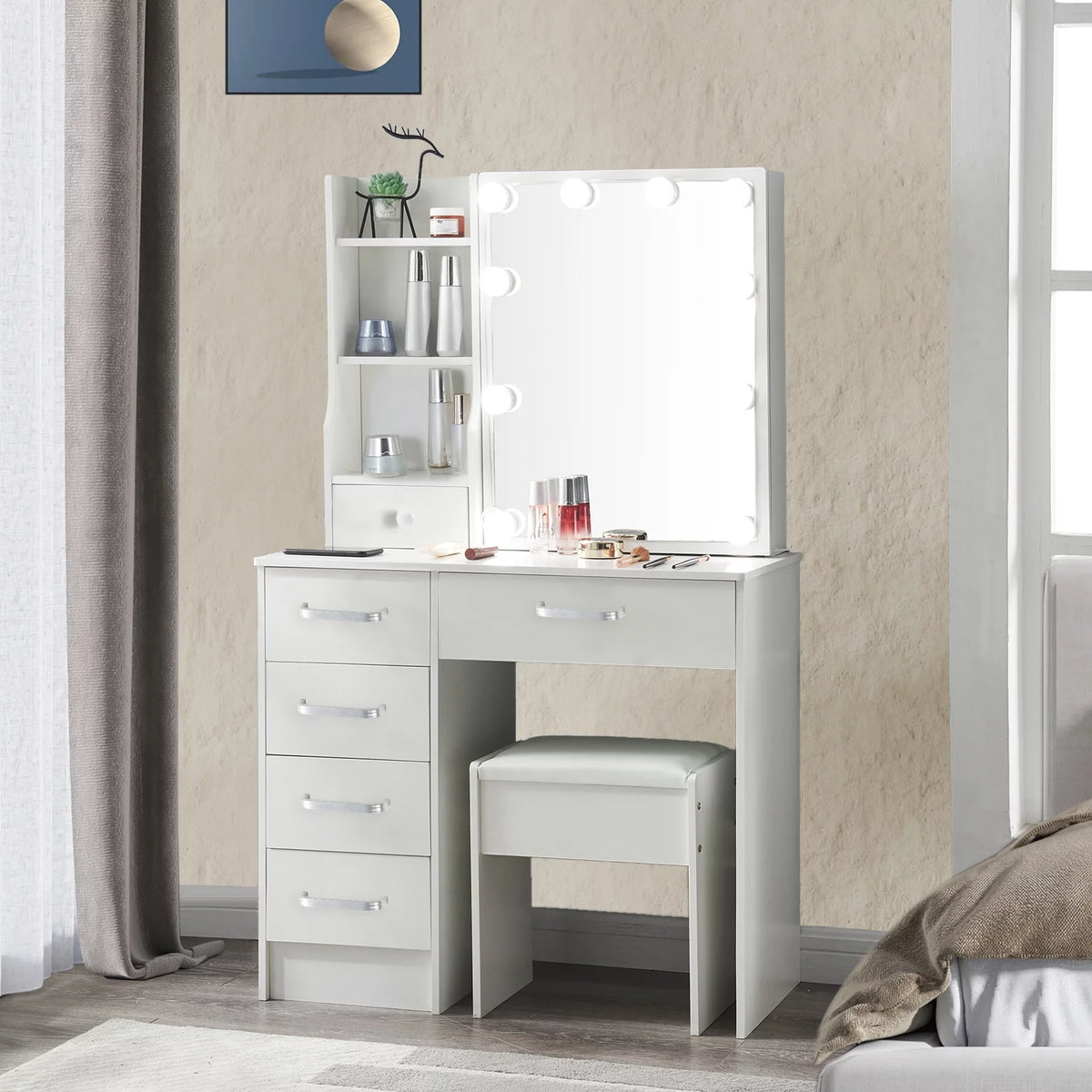 White Vanity Desk with LED Lighted Sliding Mirror and Stool T869