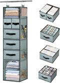 Grey Hanging Closet Organizer with 7 Shelves, 5 Drawers, 6 Side Pockets N429