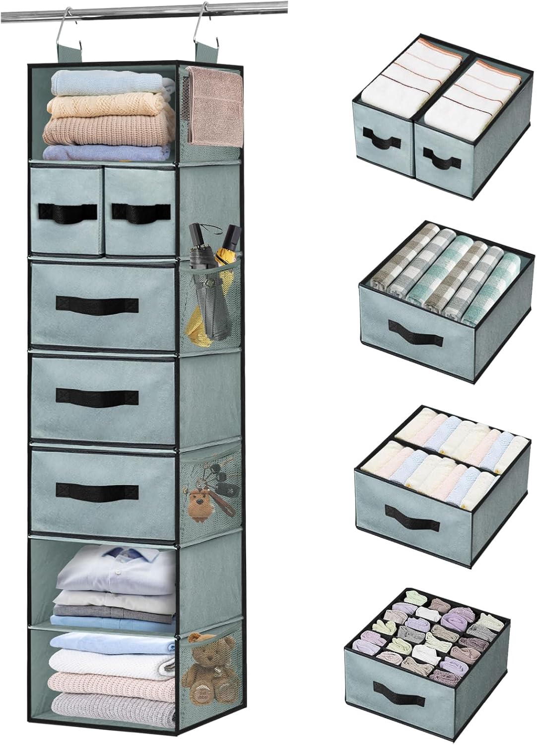 Grey Hanging Closet Organizer with 7 Shelves, 5 Drawers, 6 Side Pockets N429
