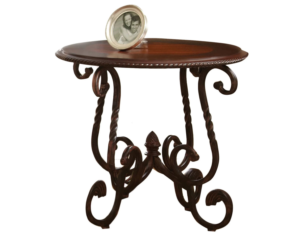 Cherry Wood and Metal Round End Table H38155