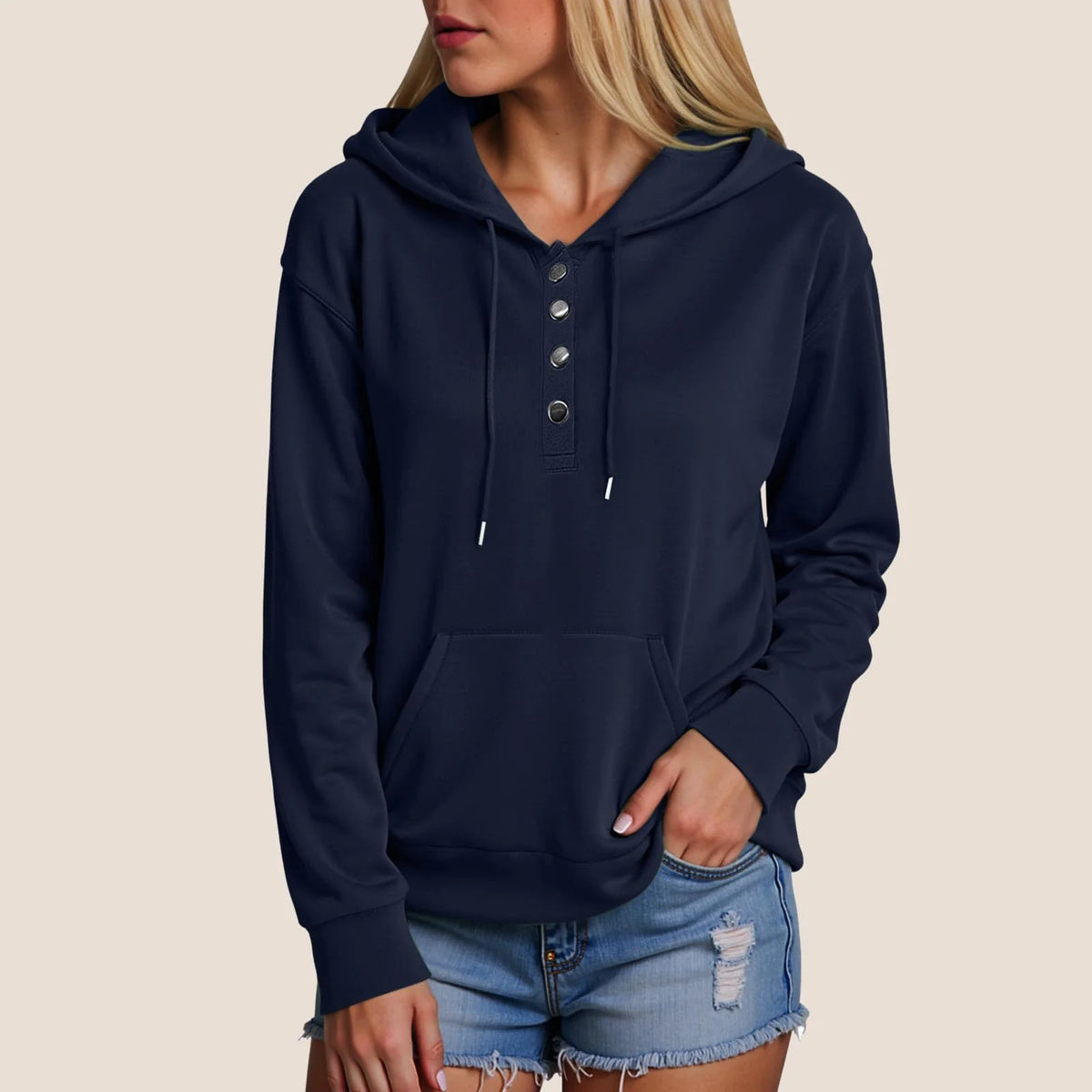 Navy XXL Button Down Collar Drawstring Hooded Pullover Sweatshirt K736165