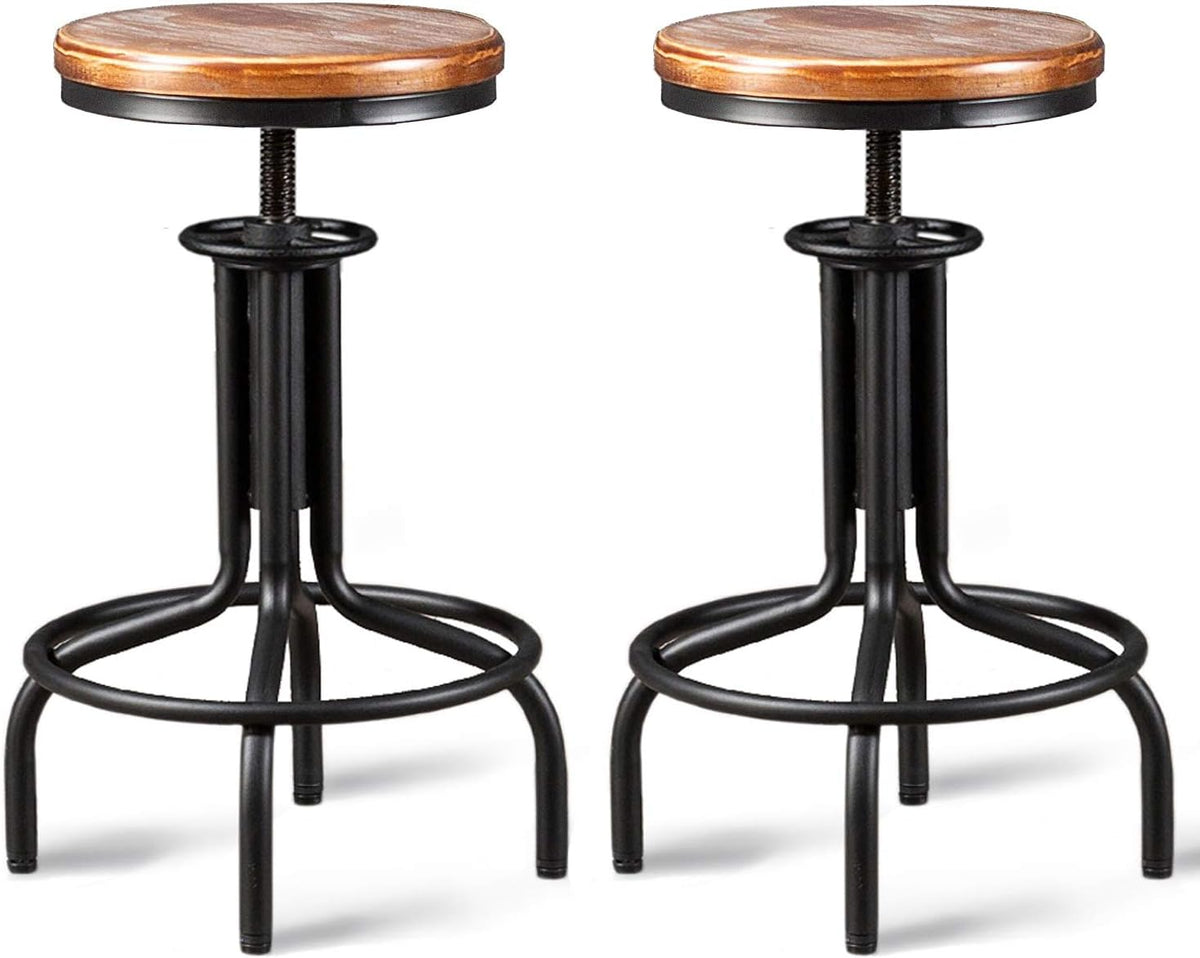 Metal Adjustable Height Bar Stool Set of 2 Black Wooden Top L68192