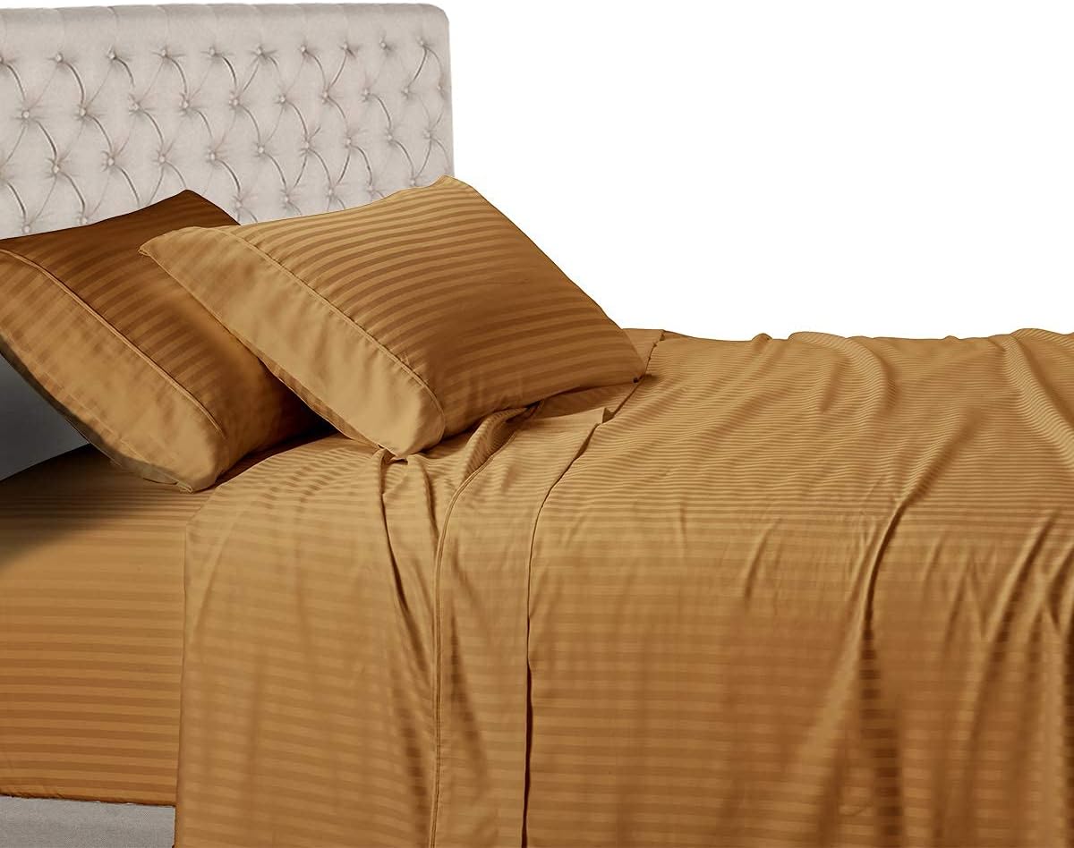 White 600 Thread Count 100% Cotton Sateen Stripe 4PC California King Size Bed Sheet Set H2778