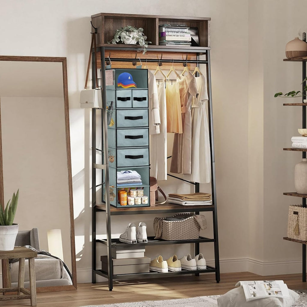 Grey Hanging Closet Organizer with 7 Shelves, 5 Drawers, 6 Side Pockets N429
