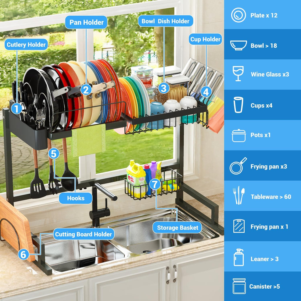 Over The Sink Dish Drying Rack Adjustable Height Length 2 Tier Large Dish Drainer T147687