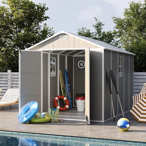 Gray White 8 x 10 FT Resin Plastic Outdoor Storage Shed L309