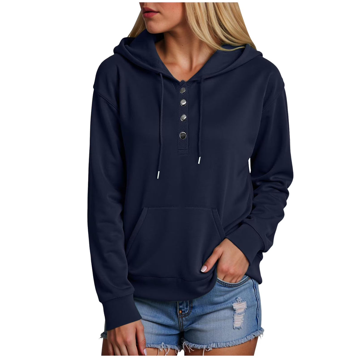 Navy XXL Button Down Collar Drawstring Hooded Pullover Sweatshirt K736165
