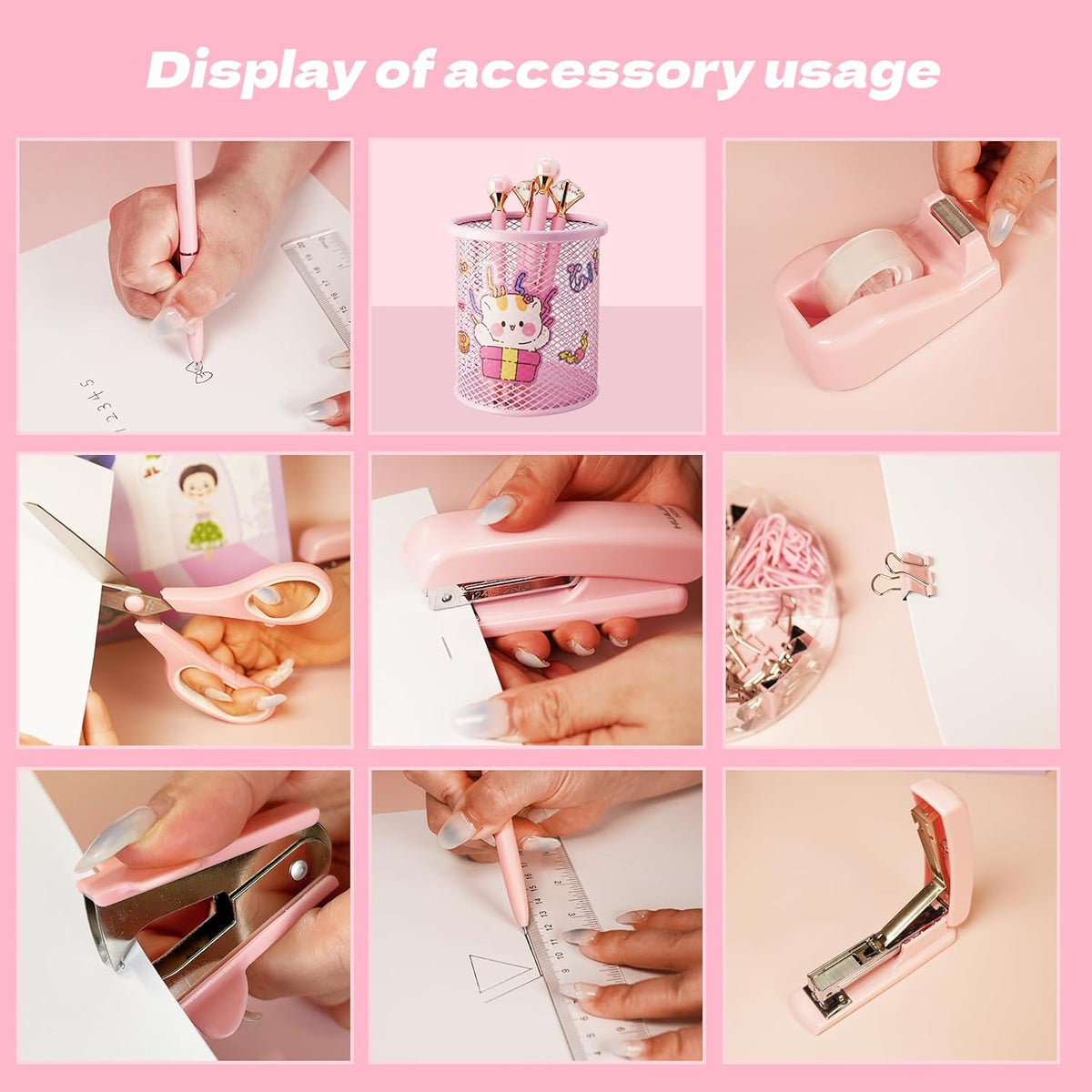 Pink Office Supplies Set with Stapler, Tape Dispenser, Pen Holder, 1000 Staples V34439