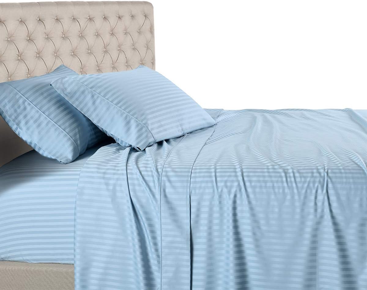 White 600 Thread Count 100% Cotton Sateen Stripe 4PC California King Size Bed Sheet Set H2778