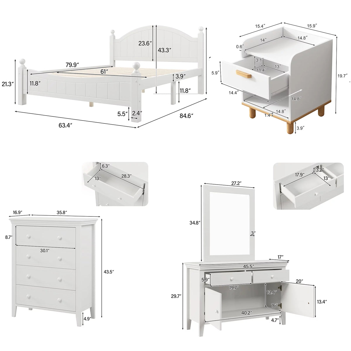 Queen Size Solid Wood Platform Bed with Headboard and Footboard White D386