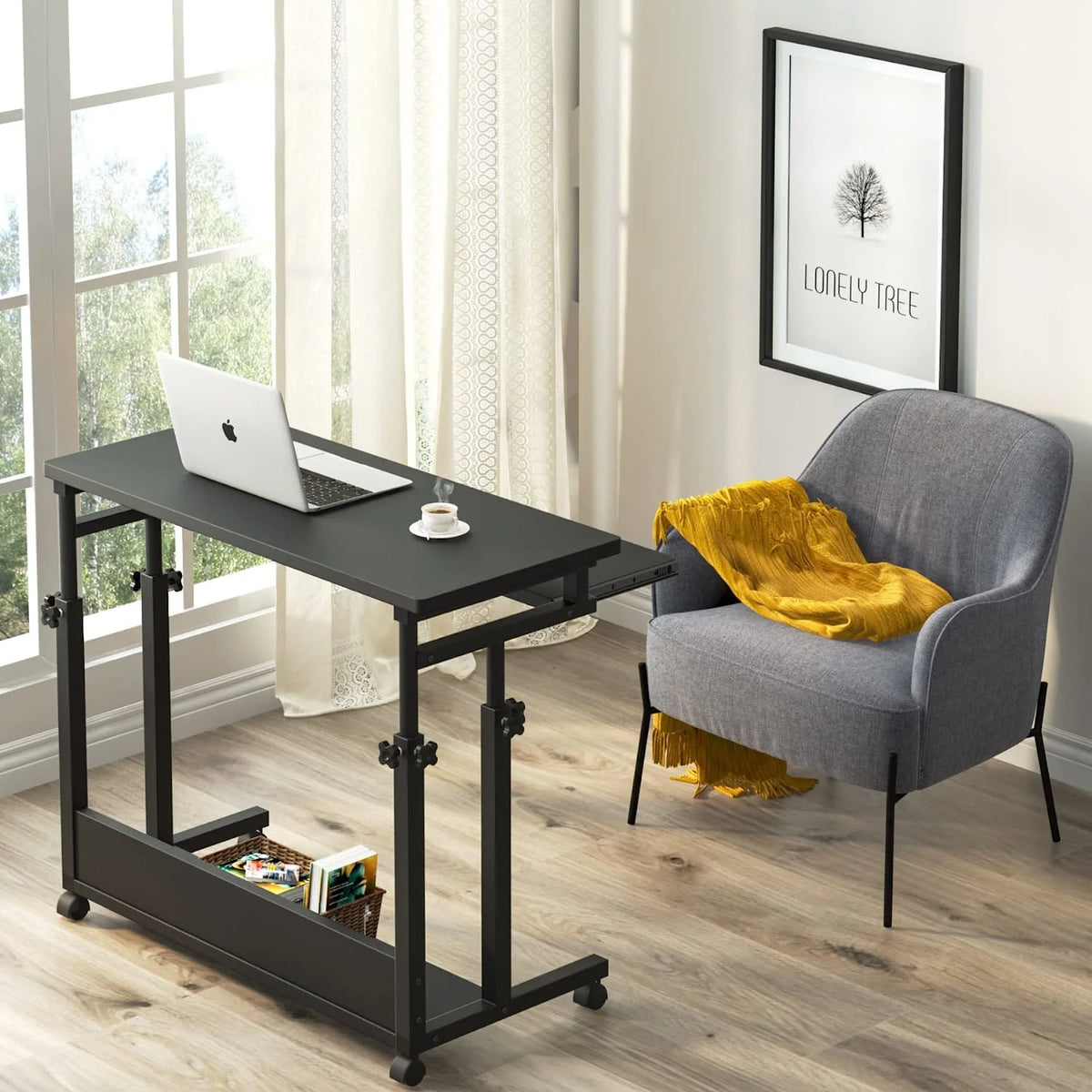 Black Height Adjustable Rolling Laptop Cart with Keyboard Tray H57671