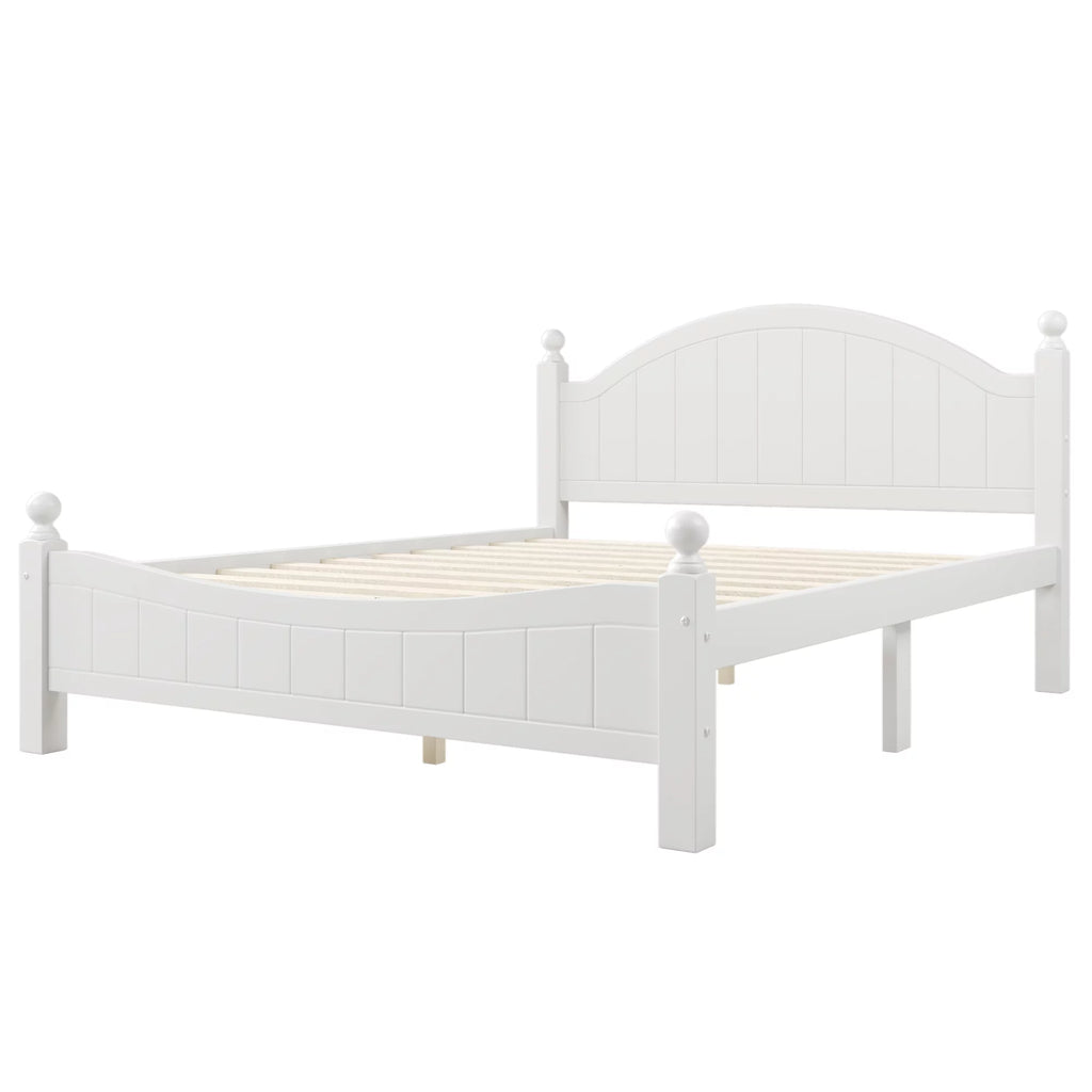 Queen Size Solid Wood Platform Bed with Headboard and Footboard White D386