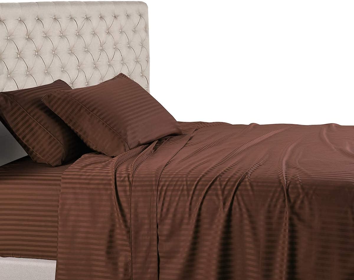 White 600 Thread Count 100% Cotton Sateen Stripe 4PC California King Size Bed Sheet Set H2778