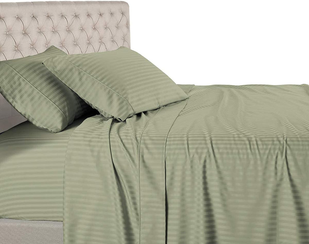 White 600 Thread Count 100% Cotton Sateen Stripe 4PC California King Size Bed Sheet Set H2778