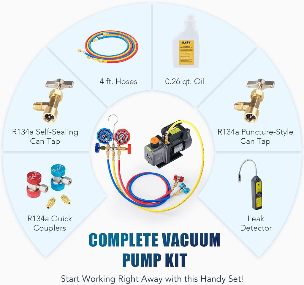 4CFM AC Vacuum Pump and Gauge Set with Leak Detector, 3 Hoses, Quick Couplers G751