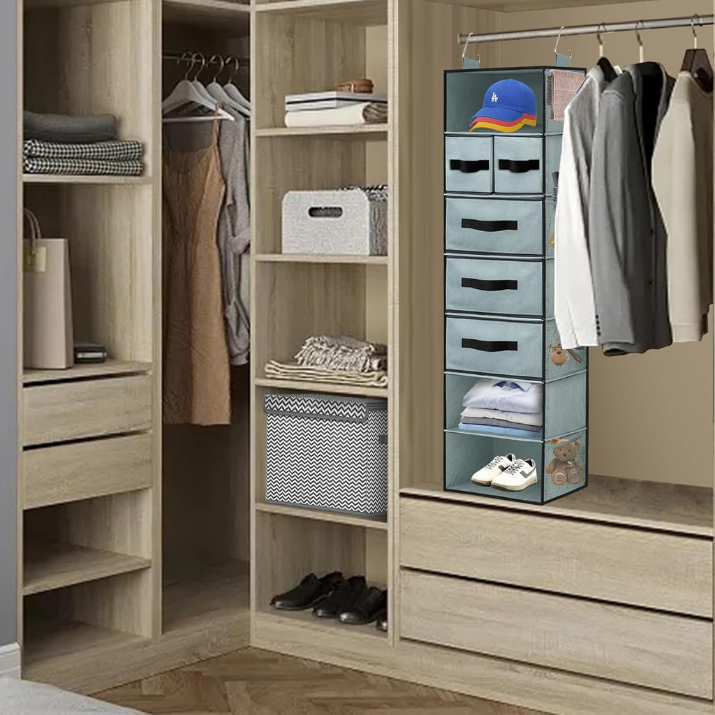 Grey Hanging Closet Organizer with 7 Shelves, 5 Drawers, 6 Side Pockets N429
