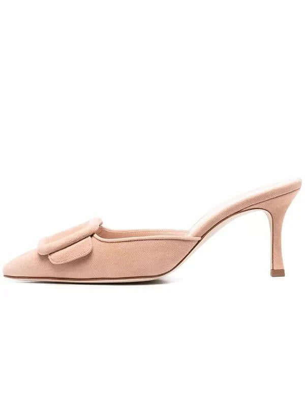 Cow Suede Belt Buckle Pointed Toe Stiletto Heel Pumps I4811