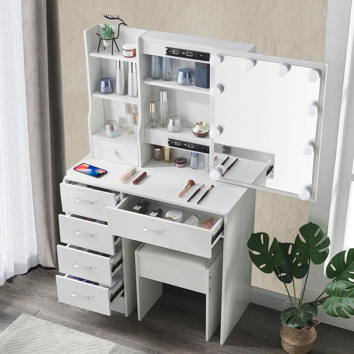 White Vanity Desk with LED Lighted Sliding Mirror and Stool T869