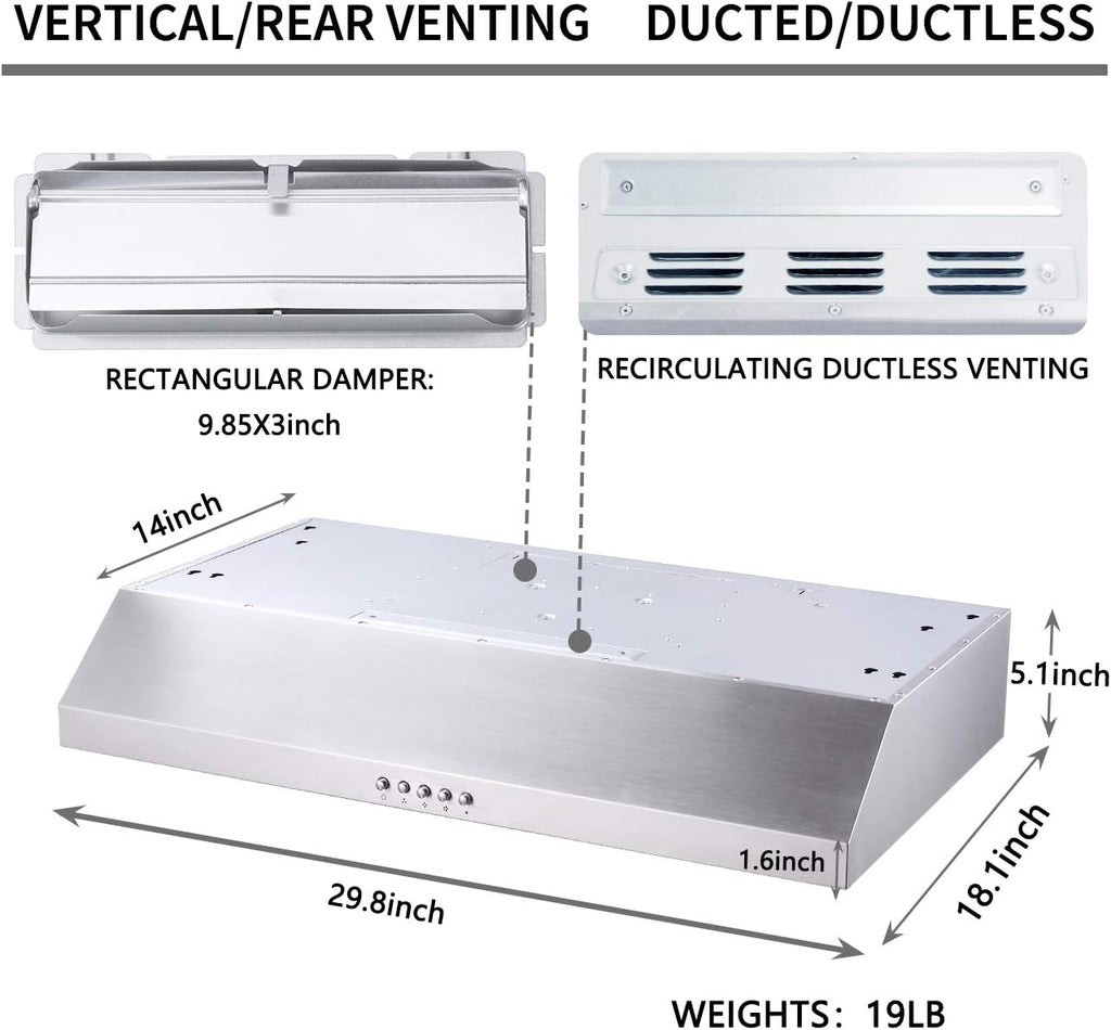 30 inch Stainless Steel Under Cabinet Range Hood with LED Lighting R697