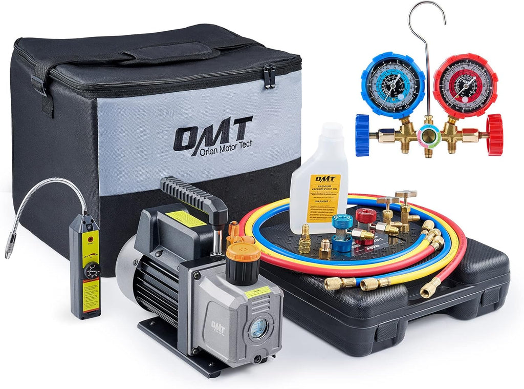 4CFM AC Vacuum Pump and Gauge Set with Leak Detector, 3 Hoses, Quick Couplers G751