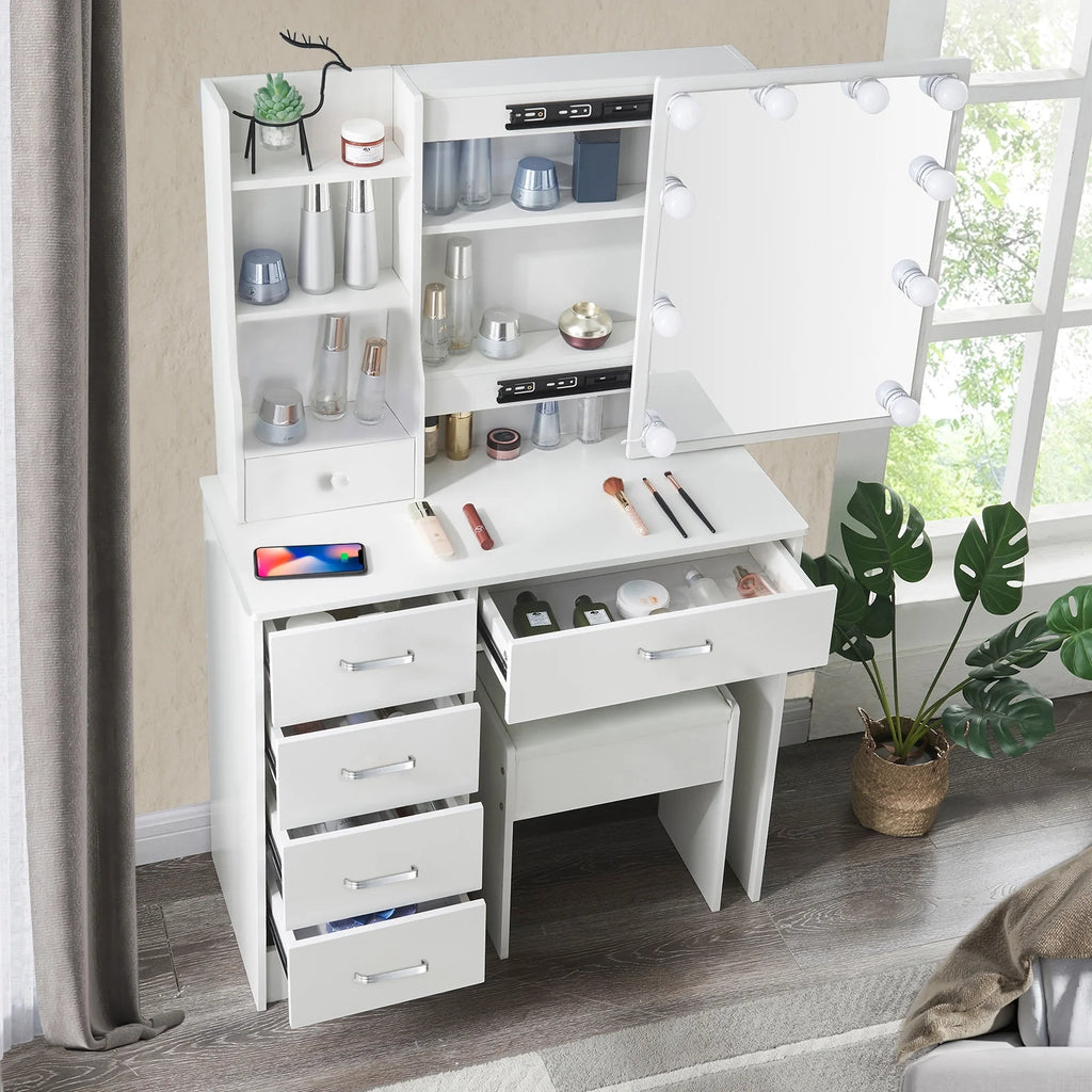 White Vanity Desk with LED Lighted Sliding Mirror and Stool T869