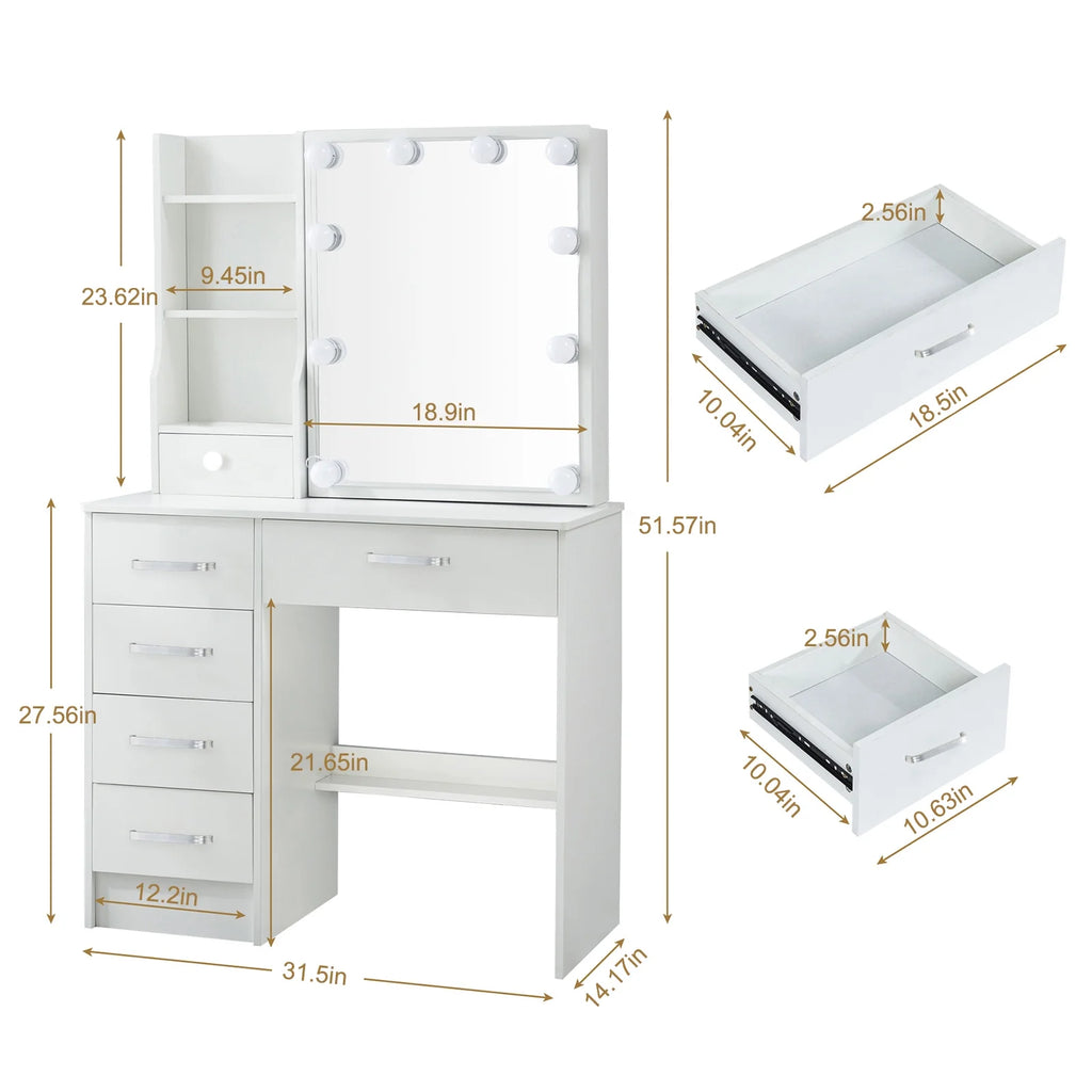 White Vanity Desk with LED Lighted Sliding Mirror and Stool T869