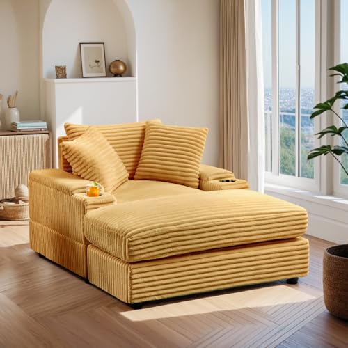 Oversized Corduroy Chaise Lounge Chair with Ottoman and Cup Holder N52132