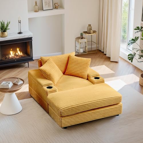 Oversized Corduroy Chaise Lounge Chair with Ottoman and Cup Holder N52132