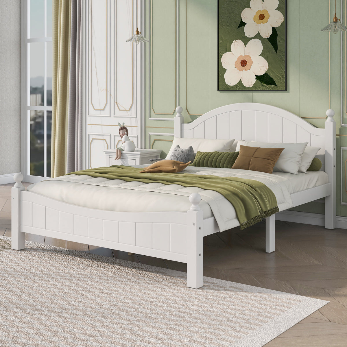 Queen Size Solid Wood Platform Bed with Headboard and Footboard White D386