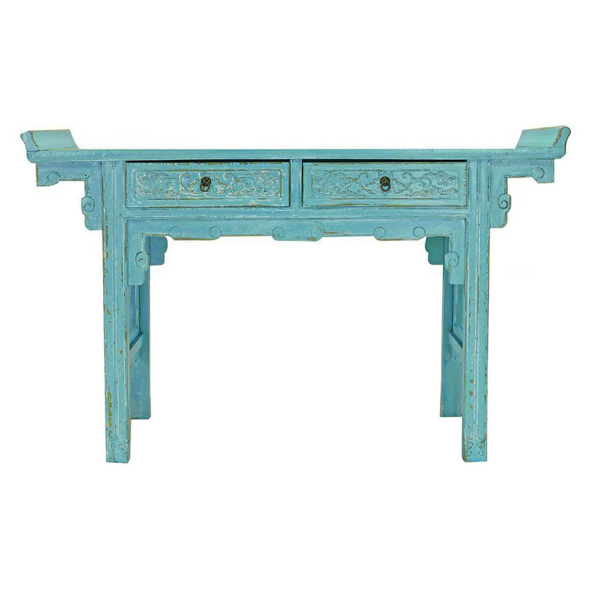 Blue Hand Carved Wood Table P735