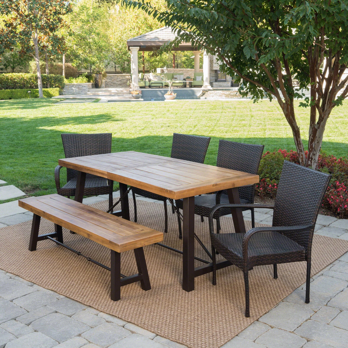 6-Piece Acacia Wood Dining Set with Wicker Stacking Chairs F384