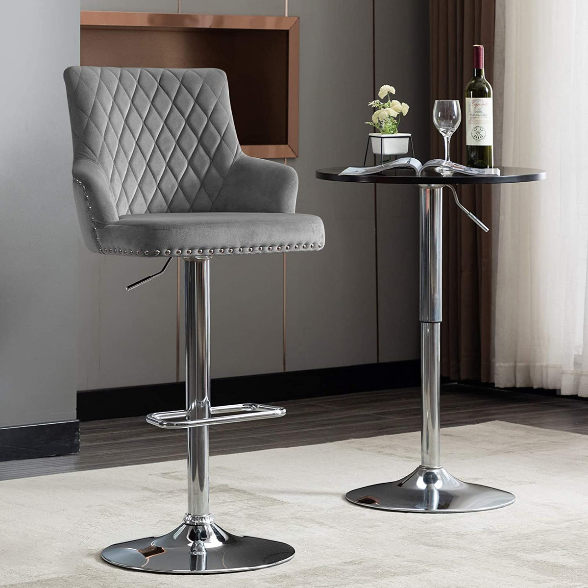 Gray Adjustable Swivel Velvet Bar Stool with Back S457456