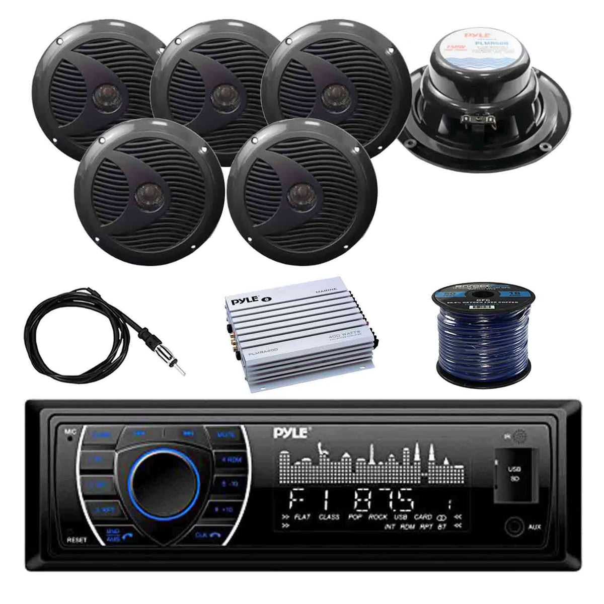 Marine Bluetooth Receiver with 6.5" Dual Cone WP Speakers, 4-Chan 400W Waterproof Marine Amplifier, Marine Antenna & 50' 16G Speaker Wire R90727