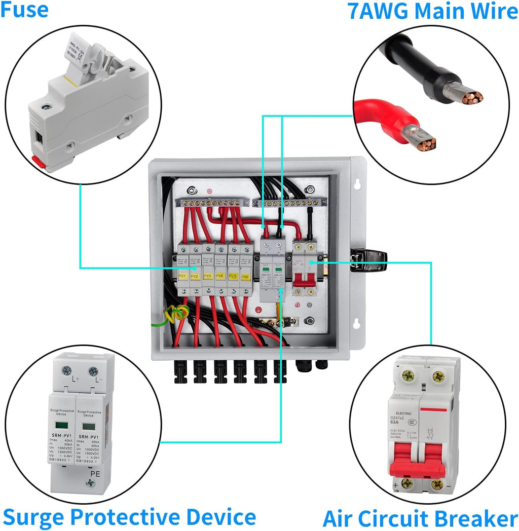 6 String Solar Combiner Box with 15A Fuse, Surge Protective Device, 63A Circuit Breaker L10199