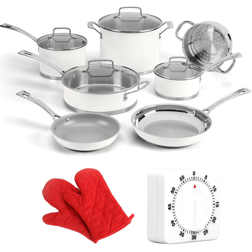11-piece Matte White Cookware Set with Oven Mitt and Kitchen Timer R773904