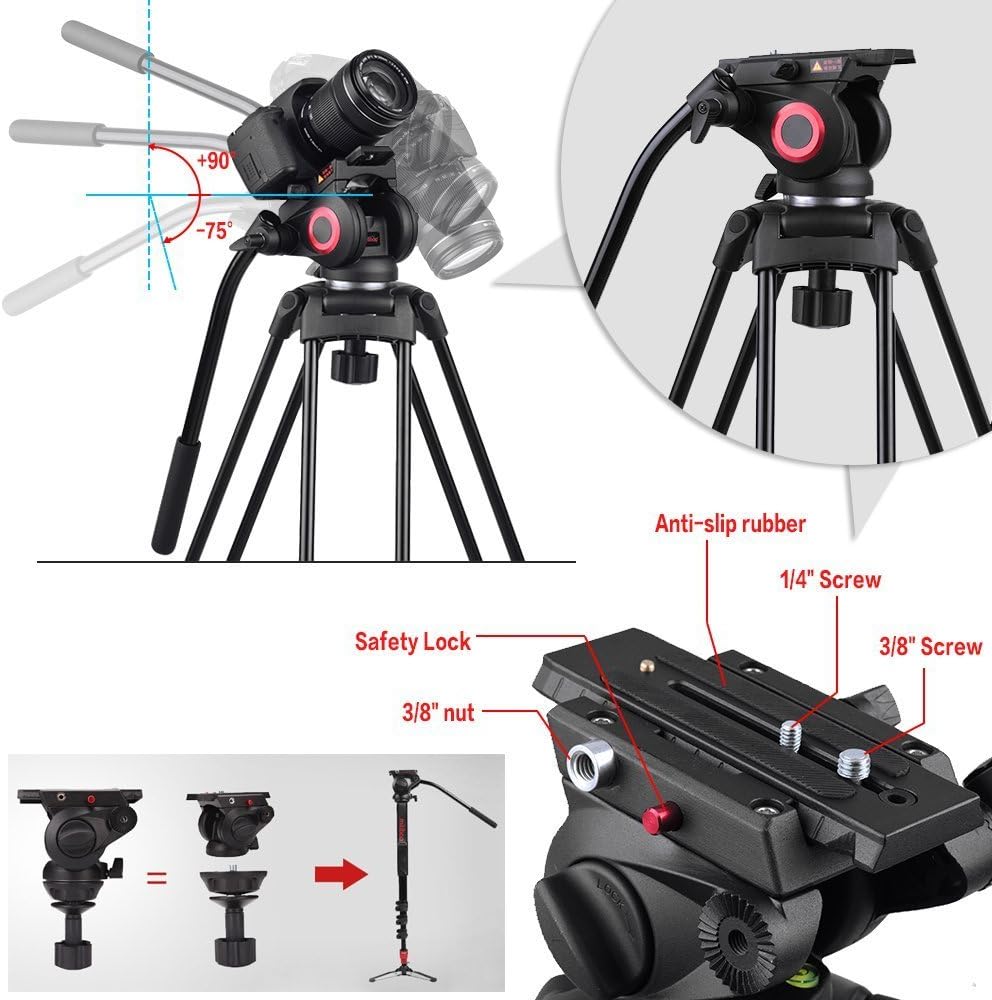 Heavy Duty Aluminum Fluid Head Video Tripod with Ground Spreader E3036