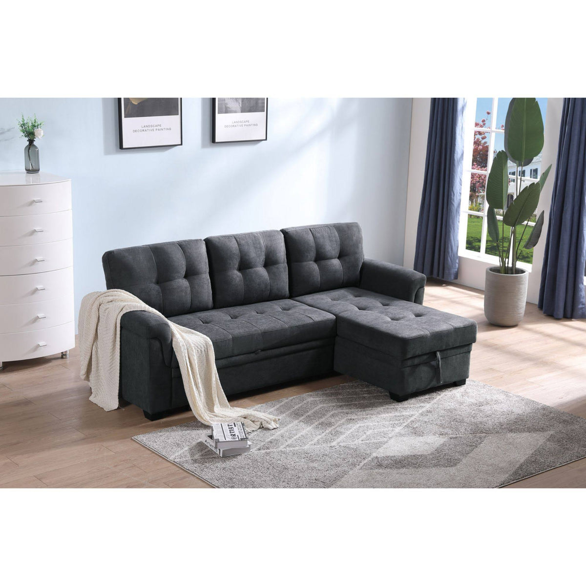 Dark Gray Fabric Reversible Sectional Sleeper Sofa Chaise with Storage T193790