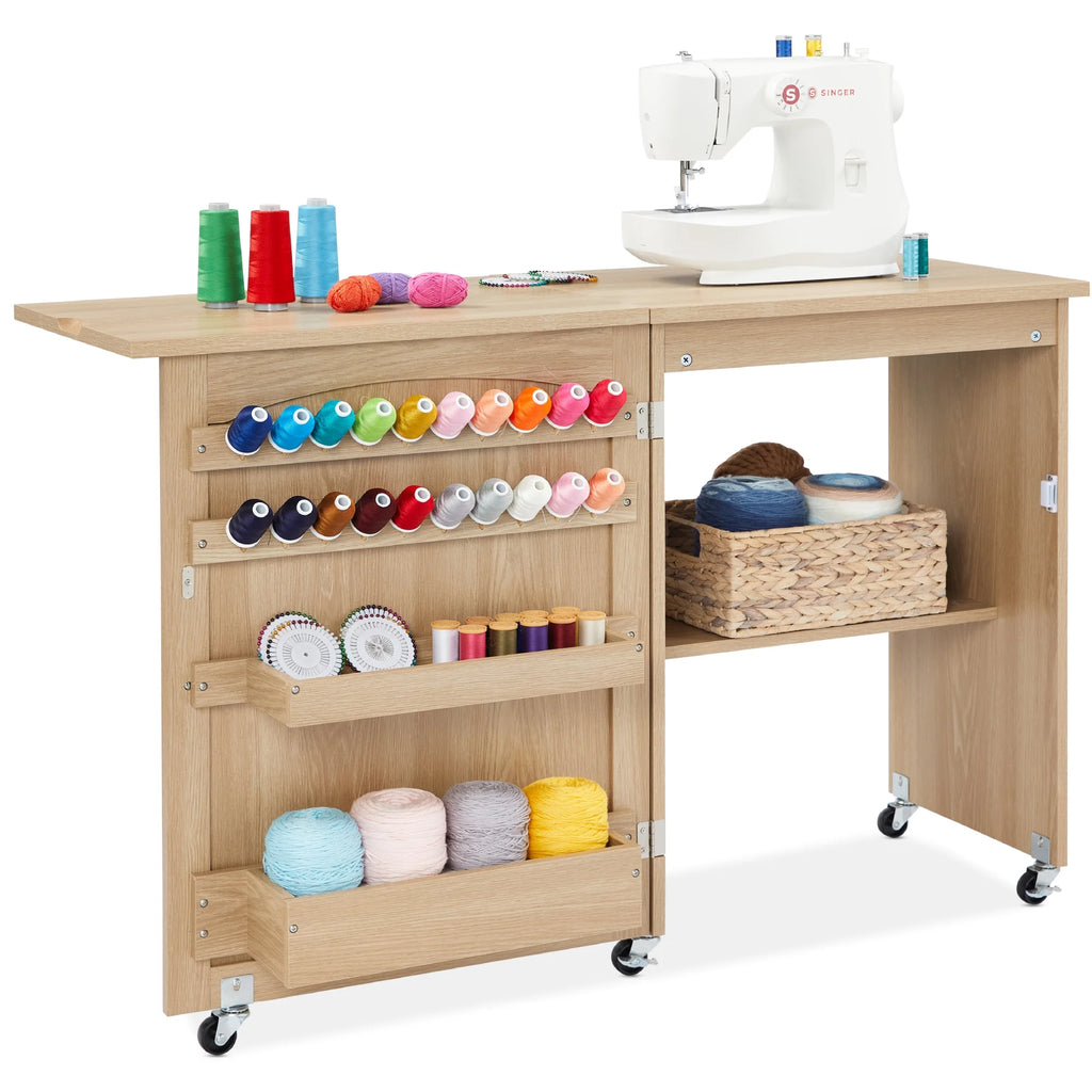 Sewing Machine Table & Desk with Craft Storage and Trays Light Brown T7451