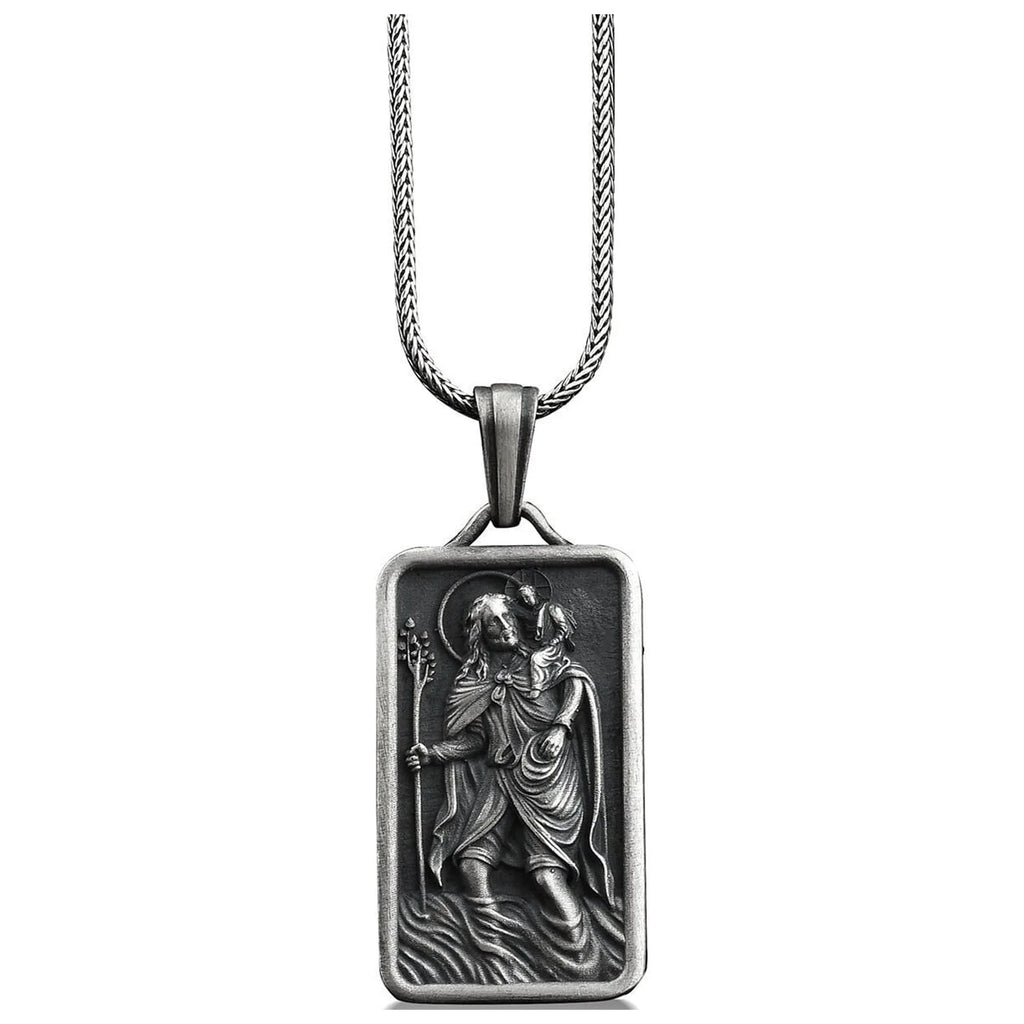 Silver St Christopher and Jesus Pendant Necklace Q327651