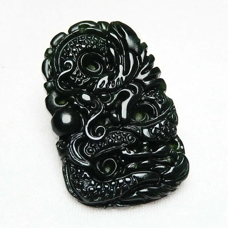 24" Black-Green Jade Dragon Necklace P793841