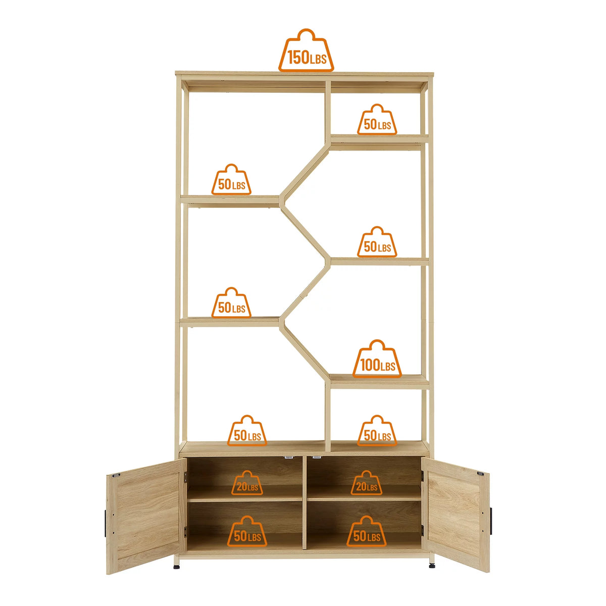 7 Tiers Wood Bookcase with Cabinet and Rattan Door S9088