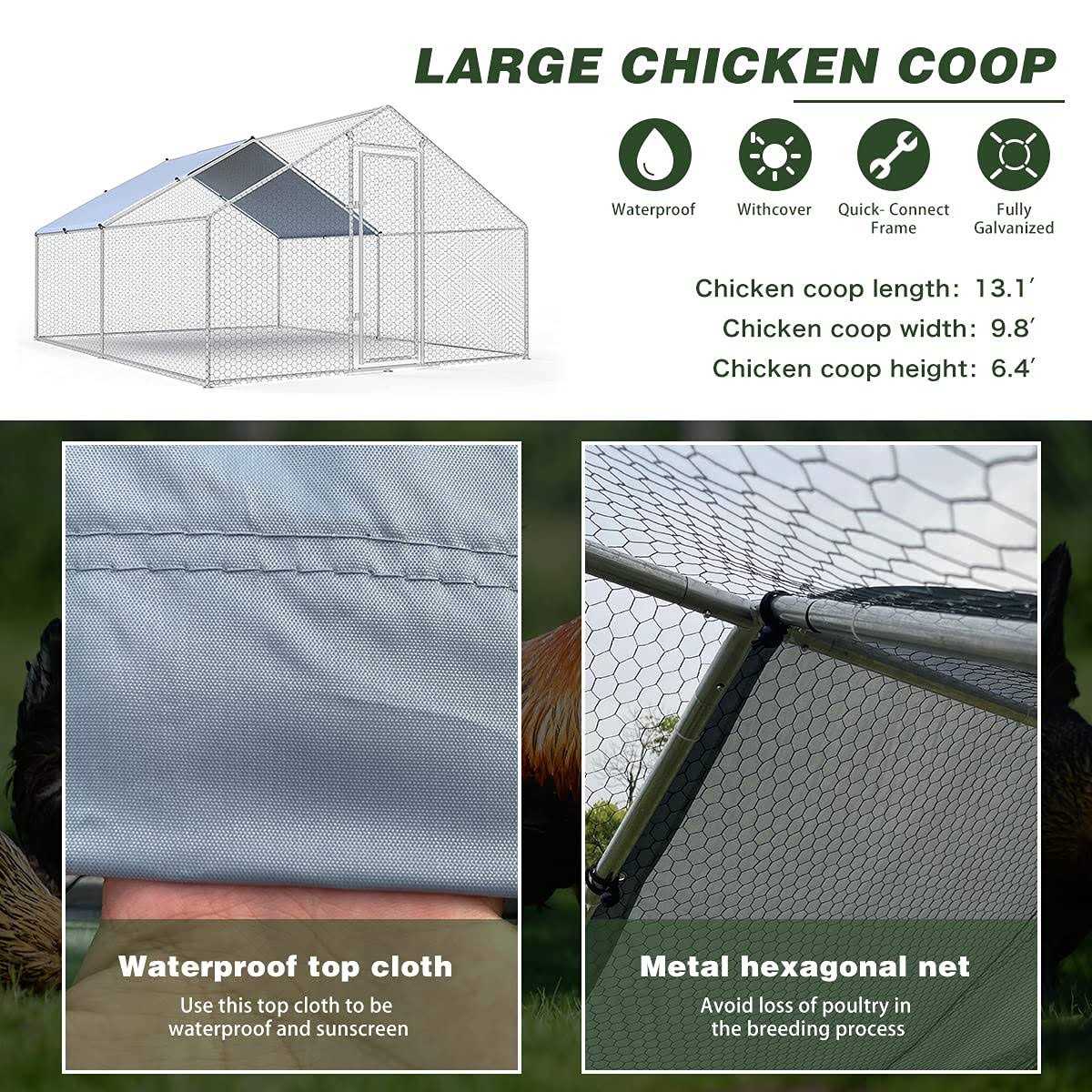 Large Metal Chicken Coop Walk-in Poultry Cage with Waterproof Cover Q366